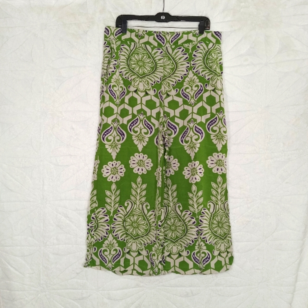 T tahari green & blue floral feather pattern wide leg boho pants breathable flow